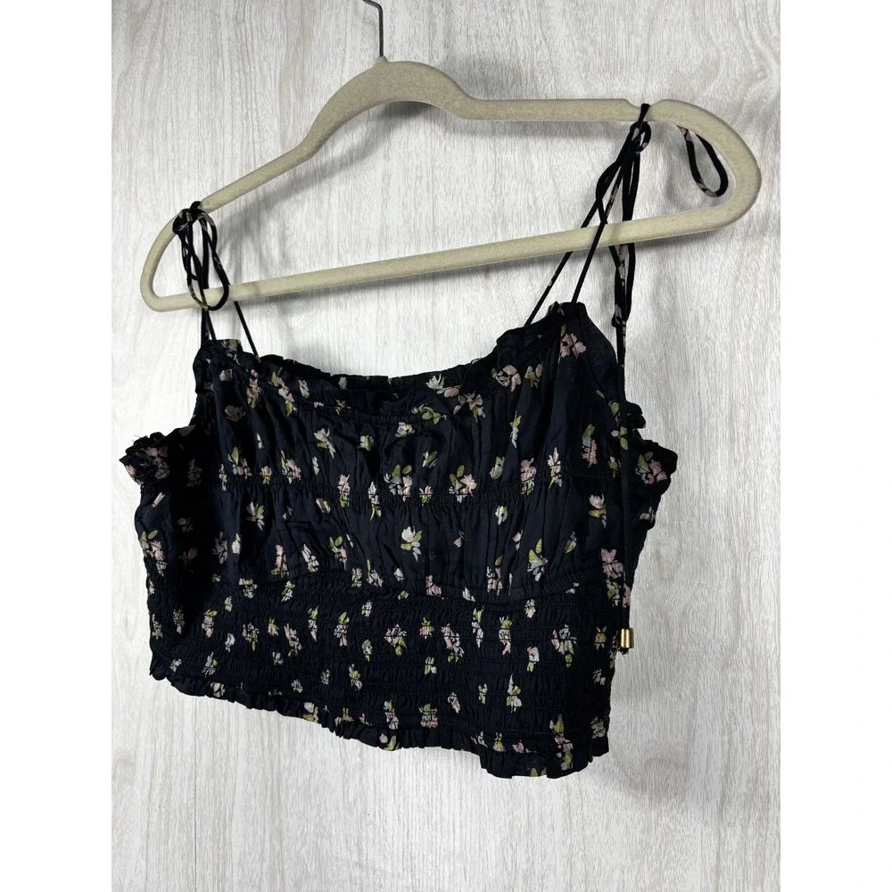 Free People Kaia Crop Top Womens S Black Smocked Tie Strap Cropped Boho